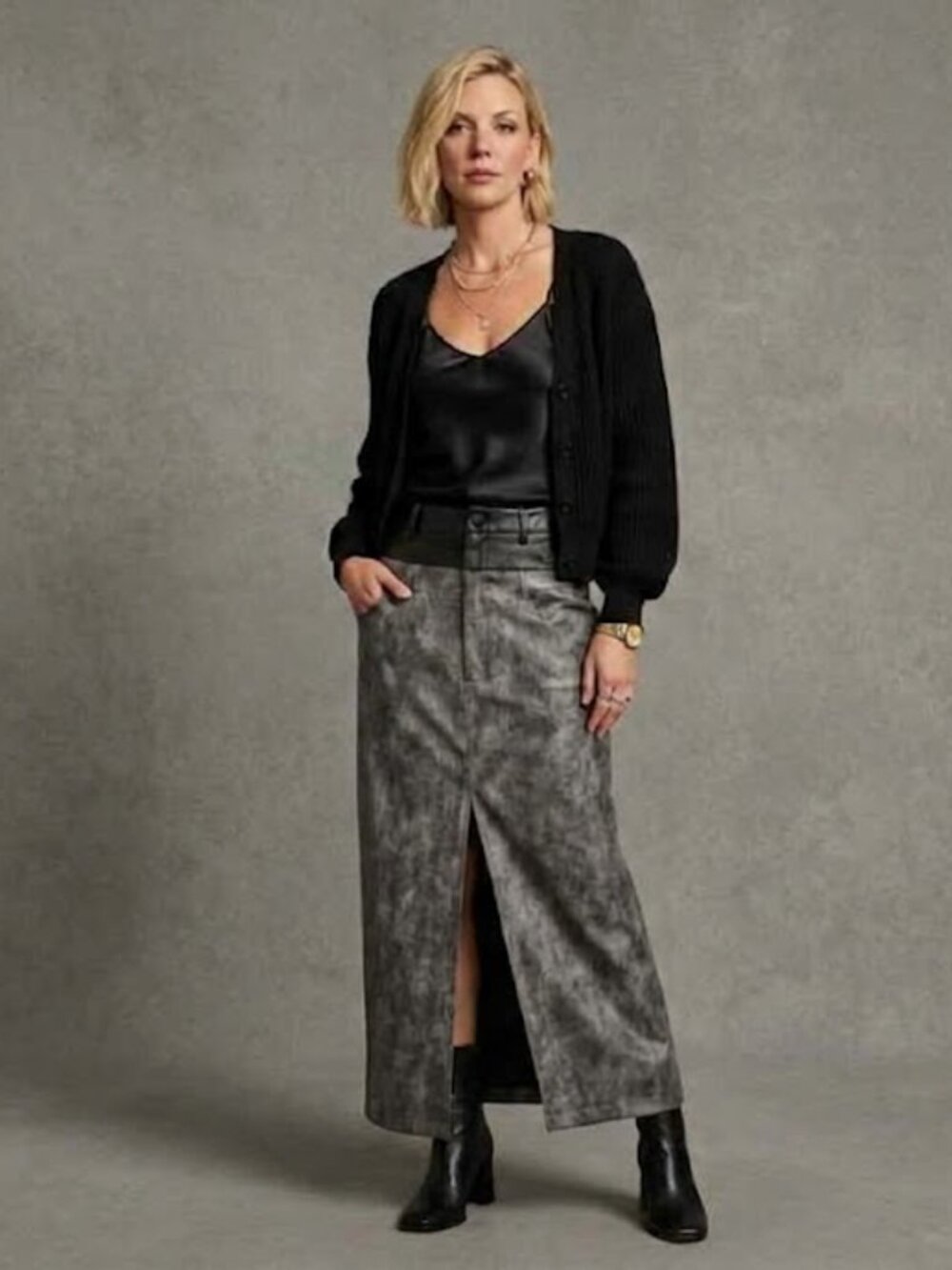 Maxi Skirt AFRM Easton Vegan Leather Abstract print Grey Black Size 28 Medium